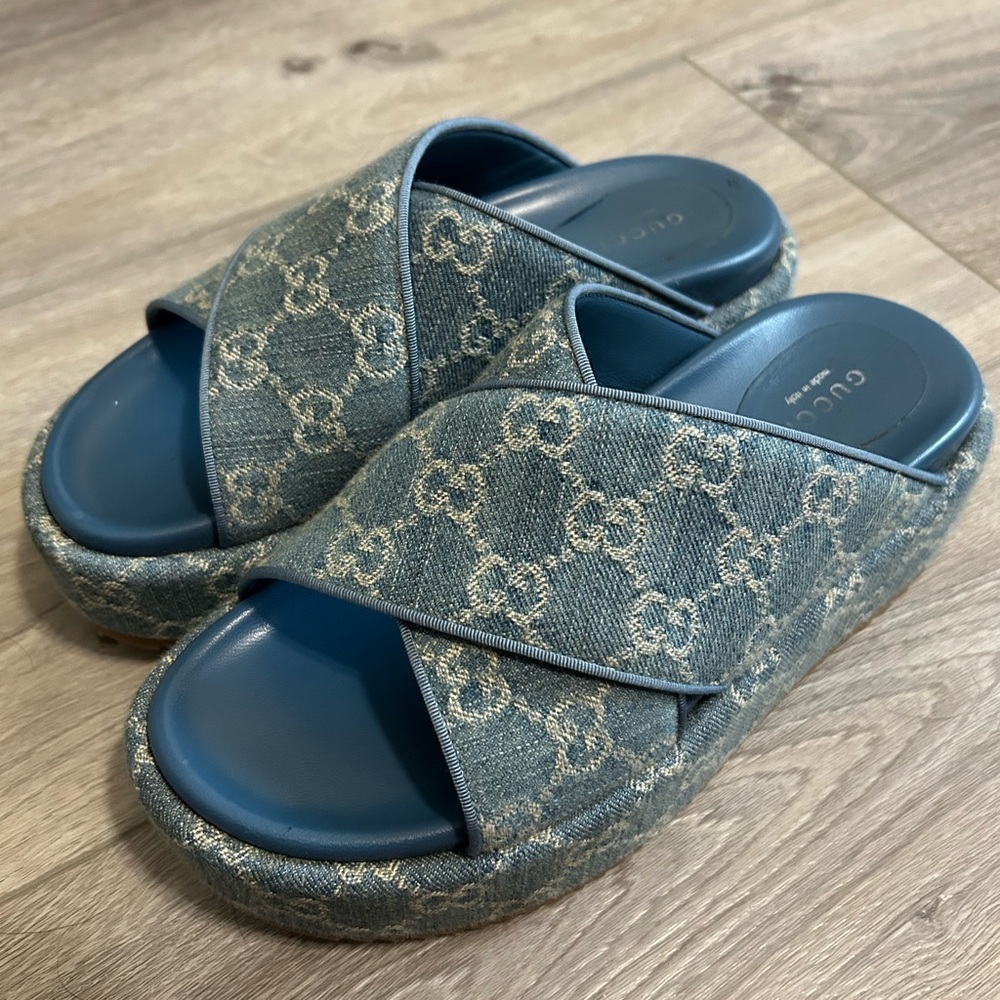 Gucci Blue Monogram Slide Sandals